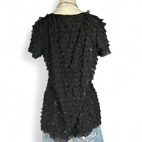 Y2K JKLA Sequin Ruffled Black Short Sleeve Top Womens L Goth Glam Bling - Picture 3 of 7